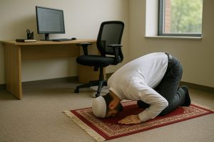 Islamic daily routine showing prayer during office hours