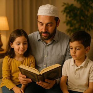 a man and two children reading a book