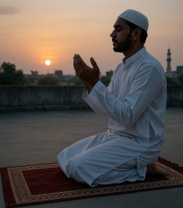 a man in white clothes praying on a red rug