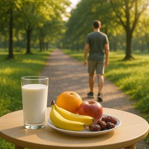 a bowl of fruit and a glass of milk on a table with a woman walking in the background